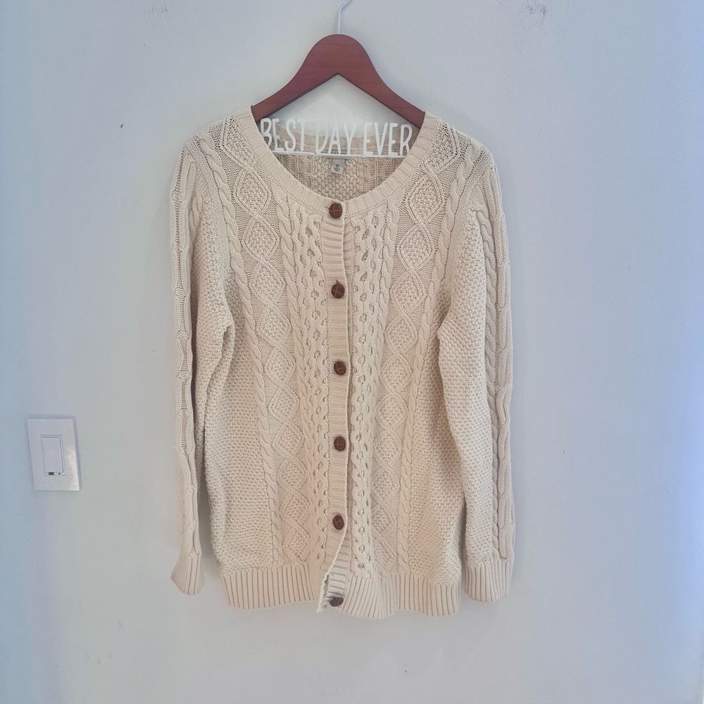 Vintage LL Bean Chunky Cable Knit Ireland Fisherman Sweater Button Cardigan XL